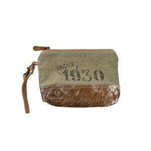 Myra Bag Canvas Cowhide Leather Small Pouch Wristlet Green